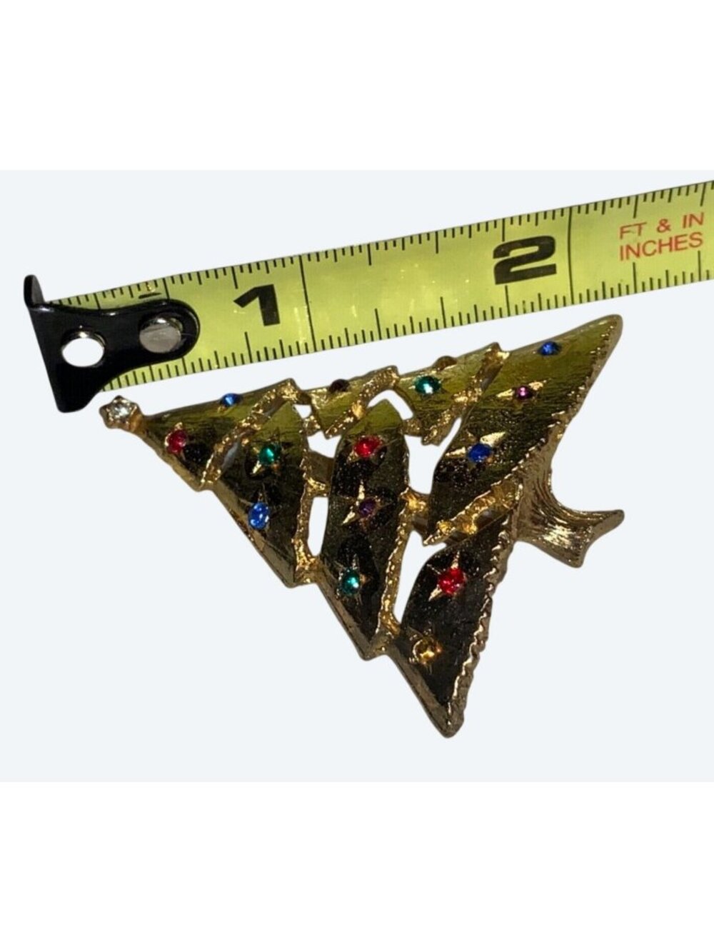Christmas Tree Pin Brooch Vintage Multi Colored Rhinestone Brushed Gold Tone - Picture 4 of 10